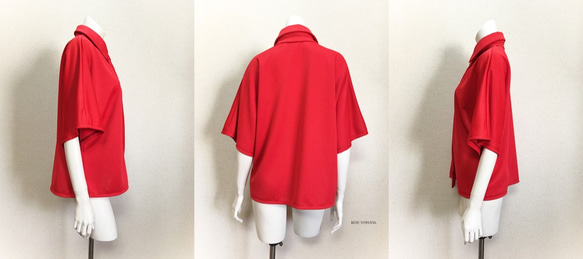 【1点もの・デザイン画付き】タイ付きゆったり着物袖ドットクールニット赤ブラウス（KOJI TOYODA） 3枚目の画像