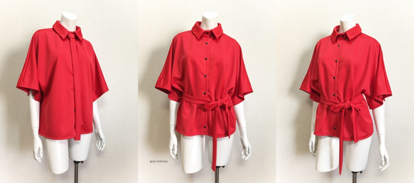 【1点もの・デザイン画付き】タイ付きゆったり着物袖ドットクールニット赤ブラウス（KOJI TOYODA） 4枚目の画像