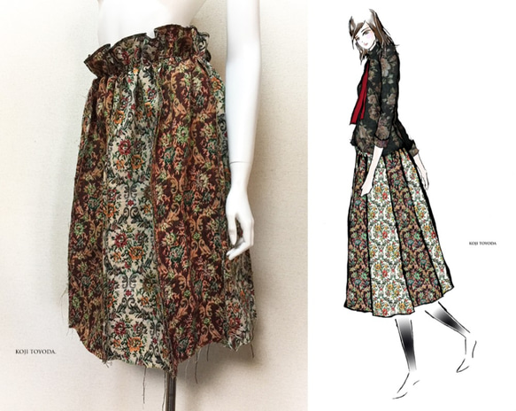【1点もの・デザイン画付き】ゴブラン織りアシメトリースカート（KOJI TOYODA） 1枚目の画像