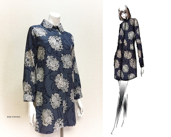 1点もの・デザイン画付き】和柄ちりめんシャツ型タイ付きワンピース  