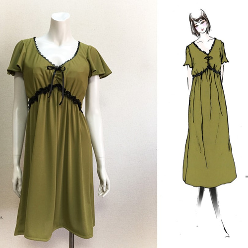 1点もの・デザイン画付き】天竺ニット抹茶色シャーリングワンピース  