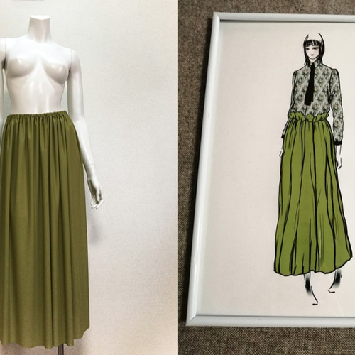 1点もの・デザイン画付き】天竺ニット抹茶色シャーリングスカート  