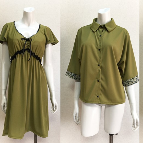 1点もの・デザイン画付き】天竺ニット抹茶色シャーリングスカート  