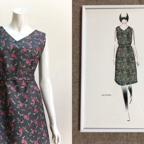 1点もの・デザイン画付き】ベルト付き花柄プリント生地ワンピース 
