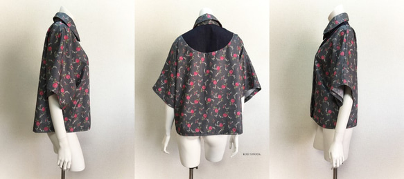【1点もの・デザイン画付き】ゆったり着物袖アーチ切り替え花柄プリントブラウス（KOJI TOYODA） 3枚目の画像