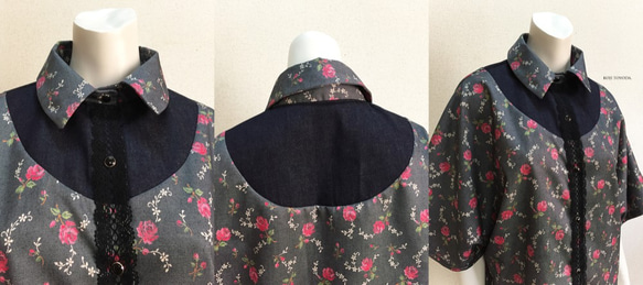 【1点もの・デザイン画付き】ゆったり着物袖アーチ切り替え花柄プリントブラウス（KOJI TOYODA） 6枚目の画像