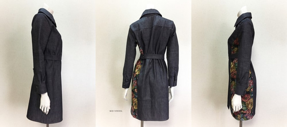 【1点もの・デザイン画付き】岡山産デニム＋ゴブラン織り切り替えシャツ型コートワンピース（KOJI TOYODA） 3枚目の画像