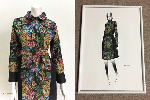 【1点もの・デザイン画付き】岡山産デニム＋ゴブラン織り切り替えシャツ型コートワンピース（KOJI TOYODA） 2枚目の画像