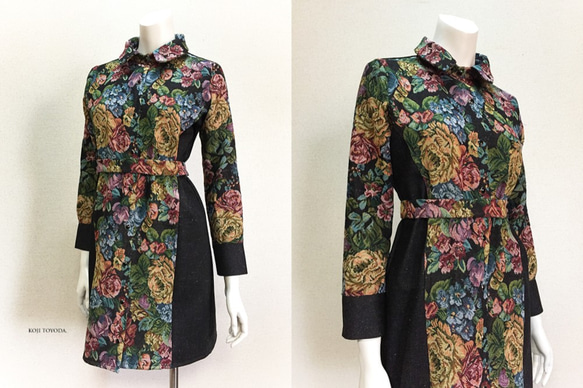 【1点もの・デザイン画付き】岡山産デニム＋ゴブラン織り切り替えシャツ型コートワンピース（KOJI TOYODA） 5枚目の画像