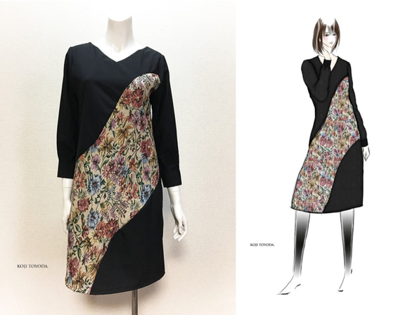 1点もの・デザイン画付き】ゴブラン織り湾曲切り替えワンピース（KOJI  