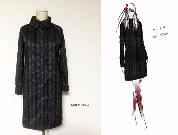 【1点もの・デザイン画付き】ブラック刺繍ストライプシャツワンピース（KOJI TOYODA） 1枚目の画像