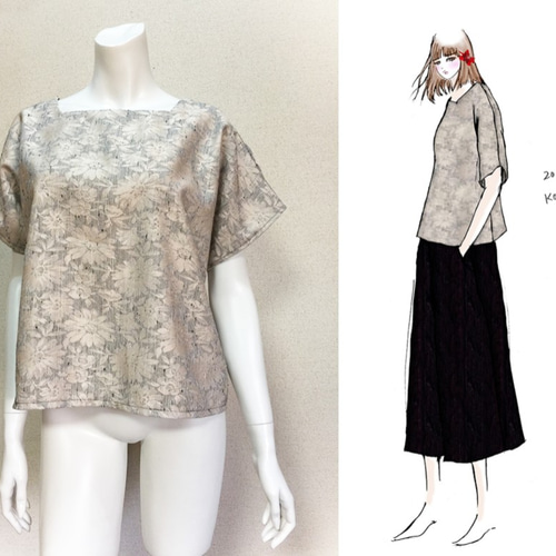 【1点もの・デザイン画付き】スクエアネック花柄ゆったりトップス