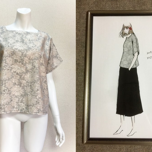 【1点もの・デザイン画付き】スクエアネック花柄ゆったりトップス