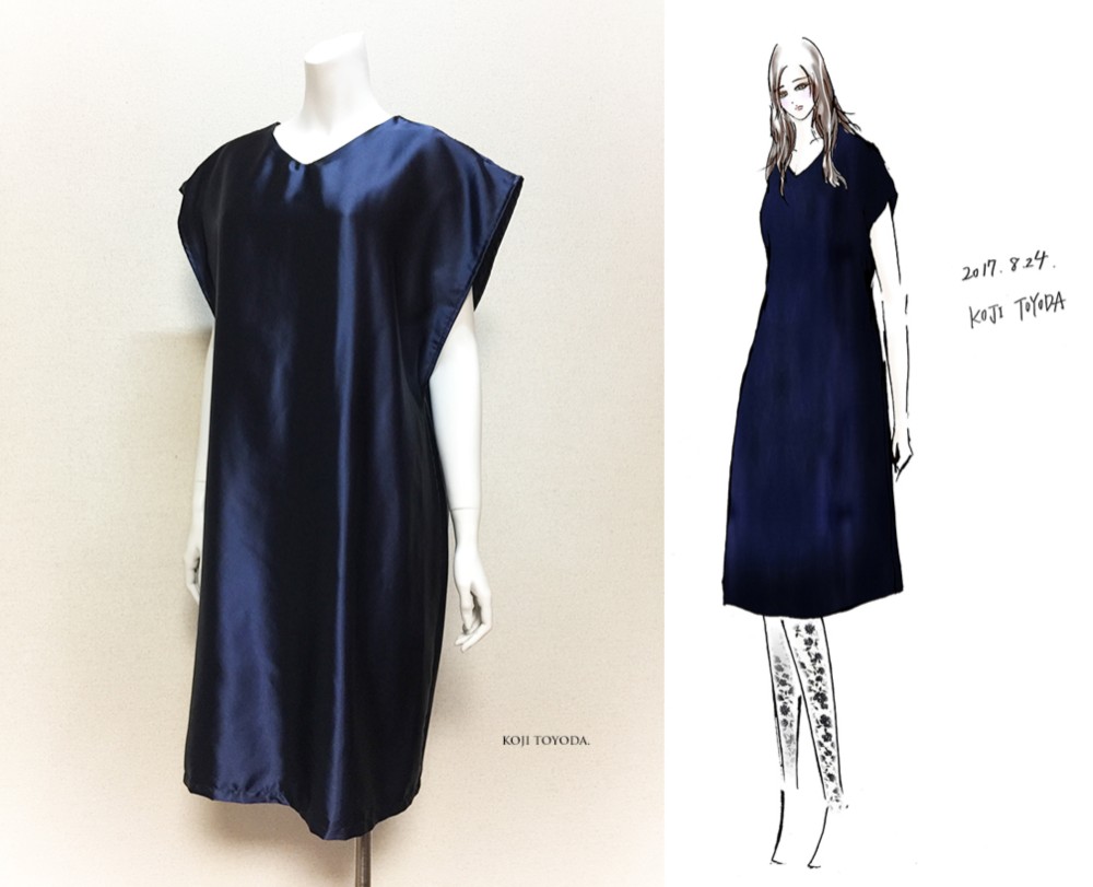 【1点もの・デザイン画付き】ゆったりサテンワンピース紺（KOJI TOYODA）