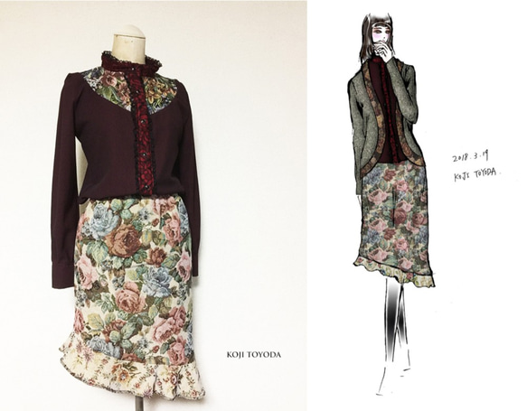 【1点もの・デザイン画付き】ゴブラン織りアシメトリーフリルスカート（KOJI TOYODA） 1枚目の画像