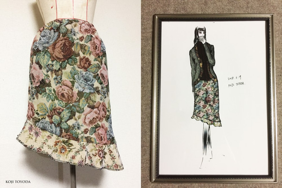 【1点もの・デザイン画付き】ゴブラン織りアシメトリーフリルスカート（KOJI TOYODA） 2枚目の画像
