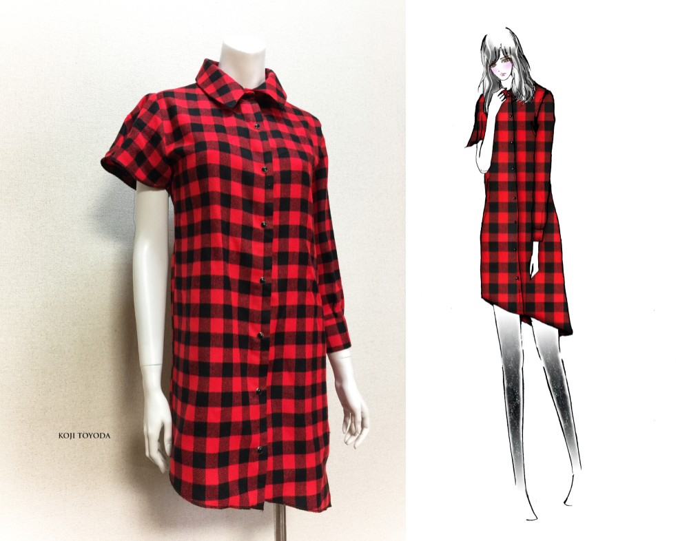 【1点もの・デザイン画付き】アシメトリー赤チェックワンピース（KOJI TOYODA）