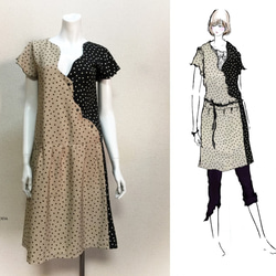 1点もの・デザイン画付き】湾曲ドット左右柄違いワンピース（KOJI  