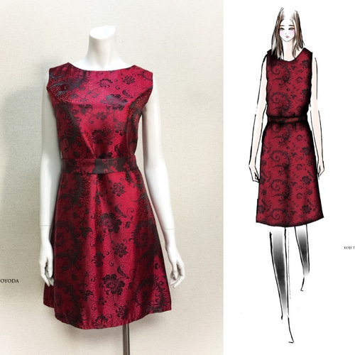 1点もの・デザイン画付き】ベルト付き赤×黒和柄ワンピース（KOJI  