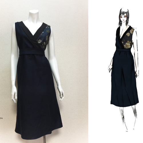 1点もの・デザイン画付き】ベルト付き着物襟ロング和柄