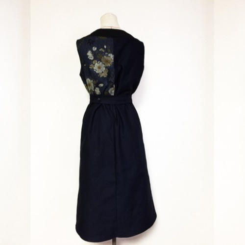 1点もの・デザイン画付き】ベルト付き着物襟ロング和柄ワンピース  