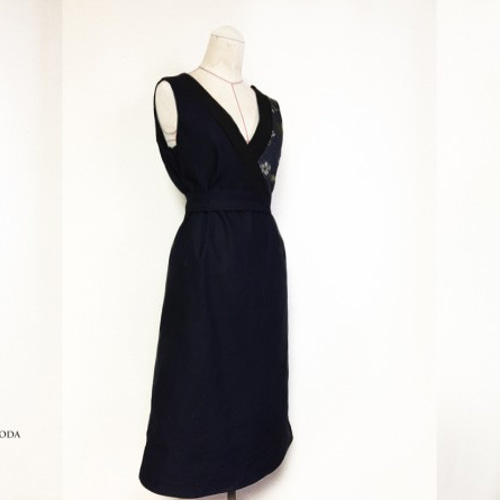 1点もの・デザイン画付き】ベルト付き着物襟ロング和柄ワンピース  