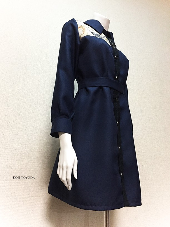 【1点もの・デザイン画付き】ゴブラン織り切り替えベルト付きシャツ型コートワンピース（KOJI TOYODA） 5枚目の画像