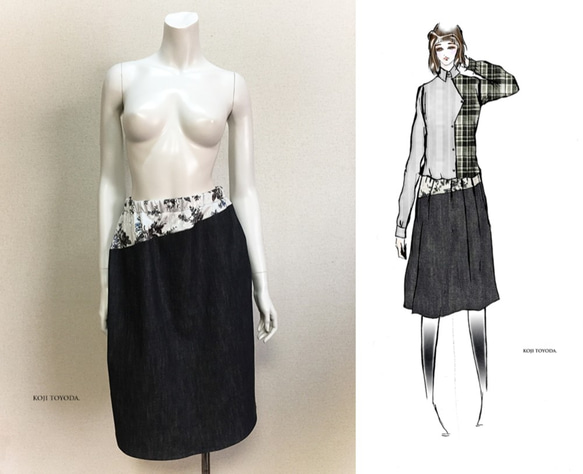 【1点もの・デザイン画付き】児島デニム（岡山産）切り替えスカート（KOJI TOYODA） 1枚目の画像