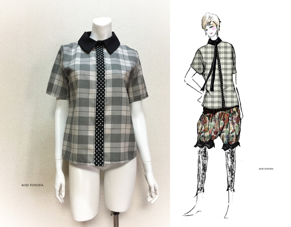 【1点もの・デザイン画付き】タイ付きチェック柄ブラウス（KOJI TOYODA）