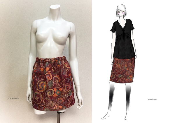 【1点もの・デザイン画付き】ゴブラン織り膝上光沢スカート（KOJI TOYODA） 1枚目の画像