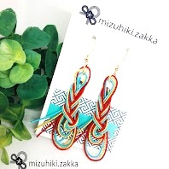 水引ピアス orイヤリング✴︎オリエンタルな色使いのみょうが結び