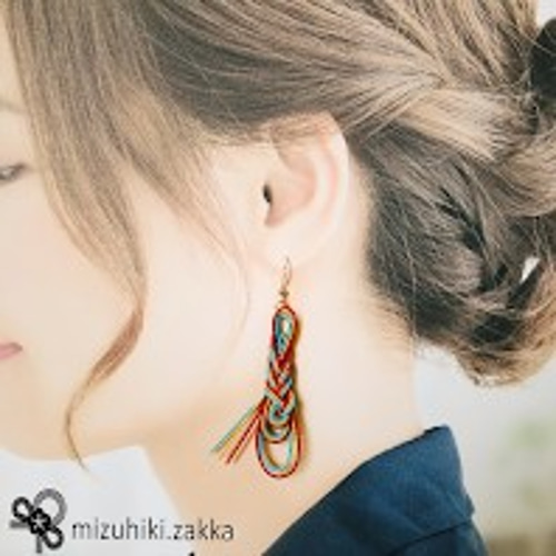 水引ピアス orイヤリング✴︎オリエンタルな色使いのみょうが結び 