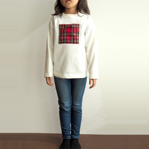 真ん中ポケット 長袖Tシャツ タータンチェック 赤 子供服 9to5Mommade