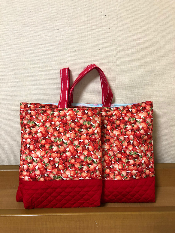 ハンドメイド レッスンバッグ 巾着 上履き入れ ギンガムチェック いちご ハンドメイド レッスンバッグ 巾着 上履き入れ ギンガムチェック
