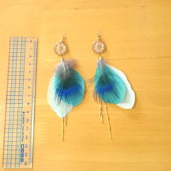 【再入荷♪】アンティーク風ビーズとカラフルな羽根のピアス♪(ブルー) 2枚目の画像