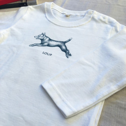 親子でお揃いロングスリーブTシャツ90サイズ　白　オオカミ 5枚目の画像