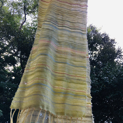 花野-草木染め手織りストール（シルクとコットン）＜29cm幅＞春草のみどりと梅や桜のピンク 1枚目の画像