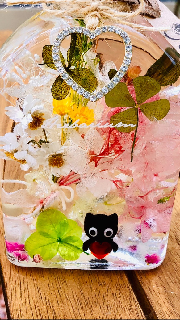 桜ハーバリウム＊お座り猫と四つ葉のクローバ♡ 幸せ運ぶハッピー猫♡New 3枚目の画像