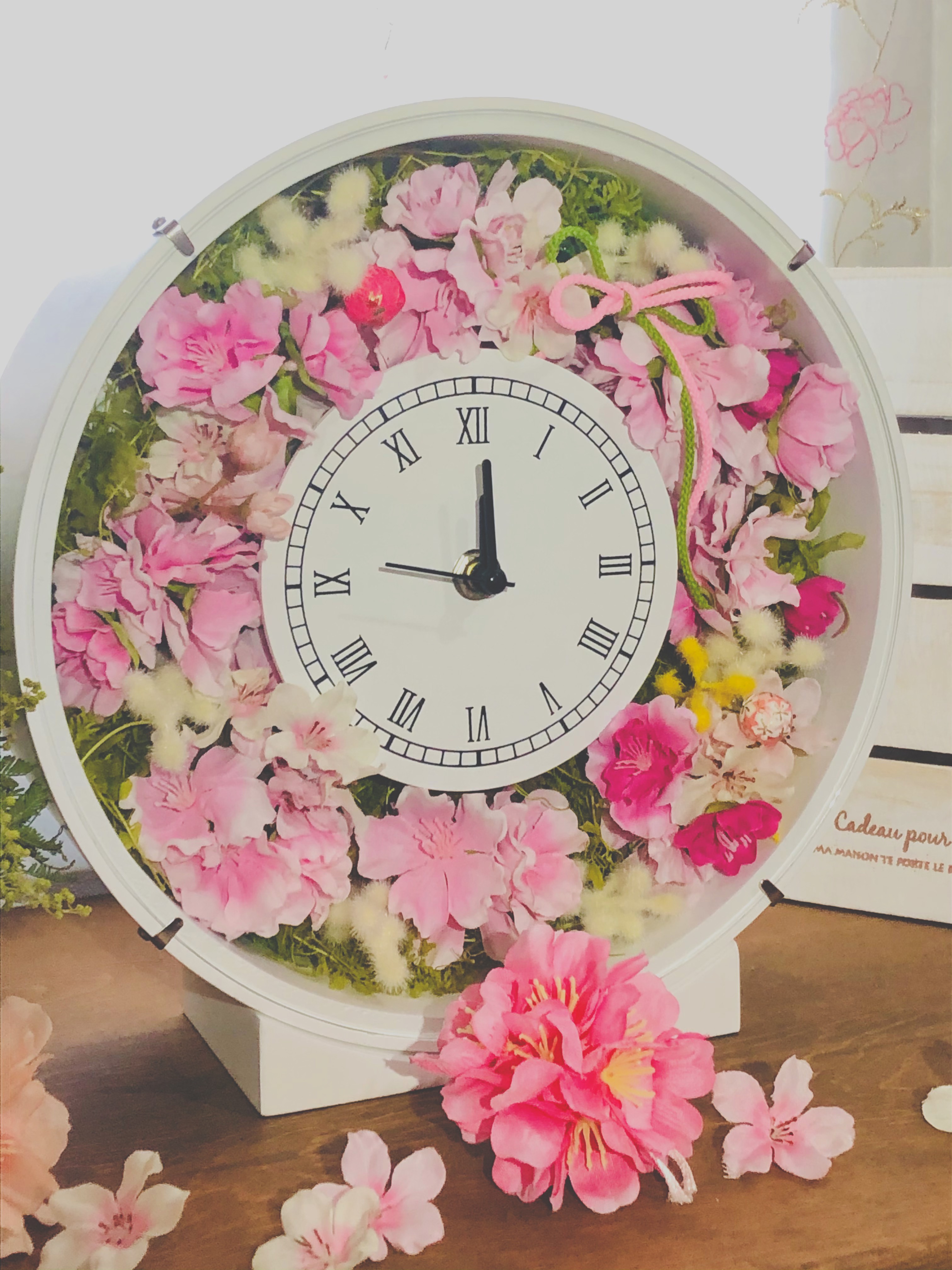 花時計＊＊桜とホワイトミモザの春便り＊和風仕様フラワー時計　母の日ギフト