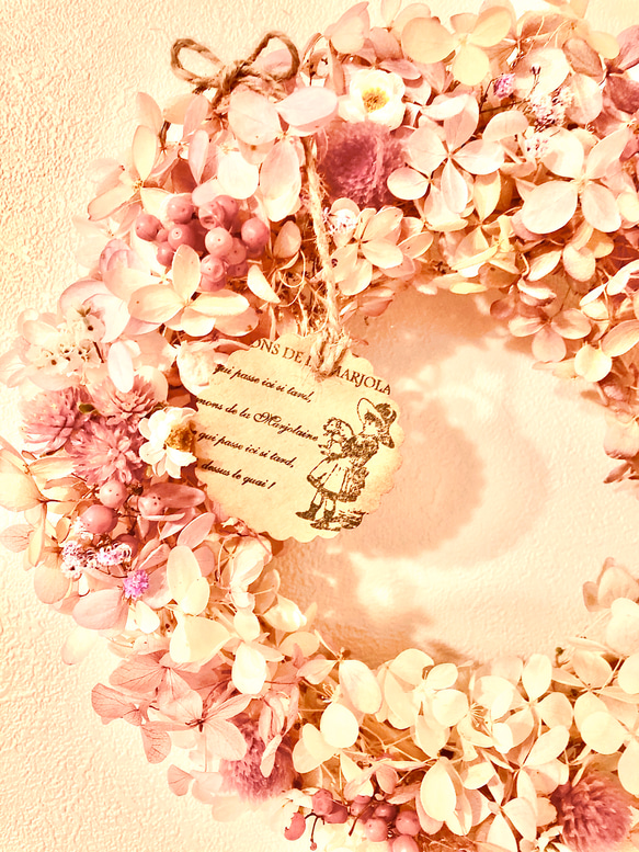 フラワー・リース＊紫陽花と千日紅の春色桃いろリース　ナチュラル、プレゼント 2枚目の画像