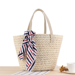手織りのベージュのワンショルダーレディースバッグ、シルクスカーフ付き 1枚目の画像