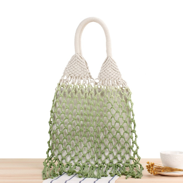 グラデーショングリーンワンショルダー織り手作りコットンロープメッシュバッグ 1枚目の画像