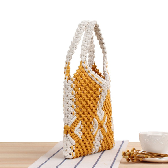 綿ロープ織り黄色パターンハンドバッグ 2枚目の画像