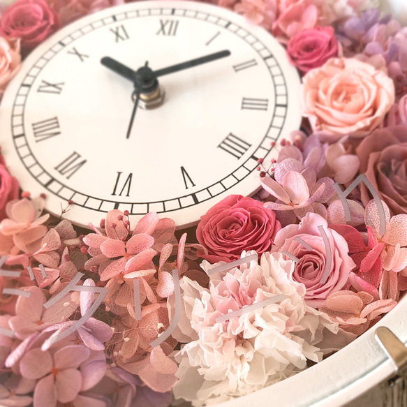 ◆オーダーメイド彫刻◆受注制作◆　プリザーブドフラワー 花時計　ピンク　新築祝い　結婚祝い　両親贈呈品　記念日 3枚目の画像