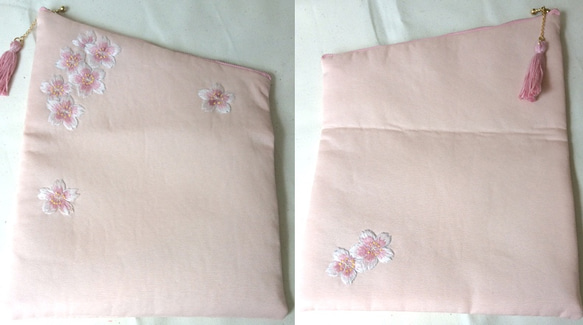 桜　手刺繍　手縫いのクラッチバッグ　桜色 5枚目の画像