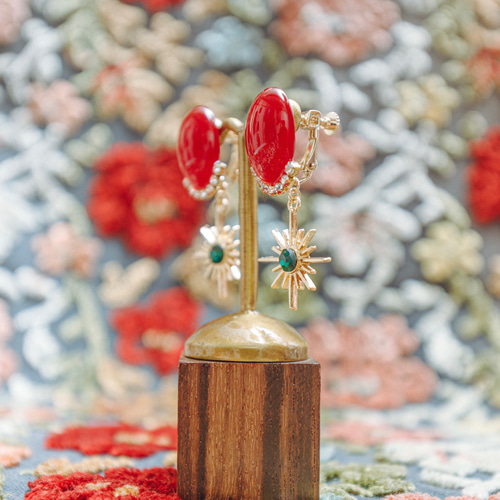 New「 Dress code 」イヤリング/ピアス 赤×緑 *チェリーレッド・大ぶり