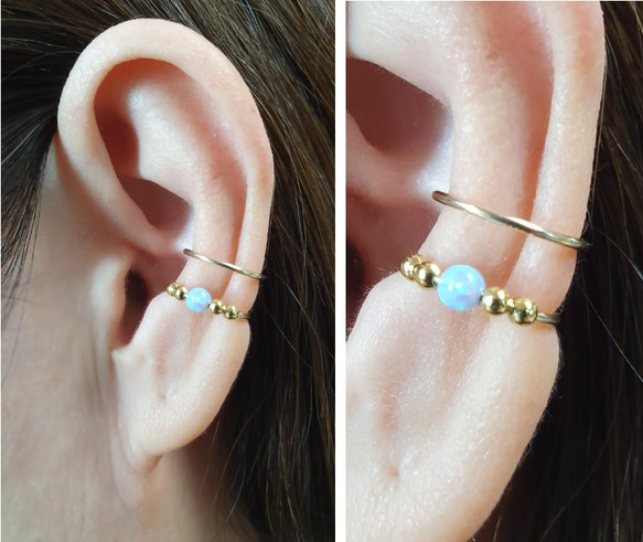 Double Band Ear Cuff with Opal Bead, イヤーカフ 6枚目の画像