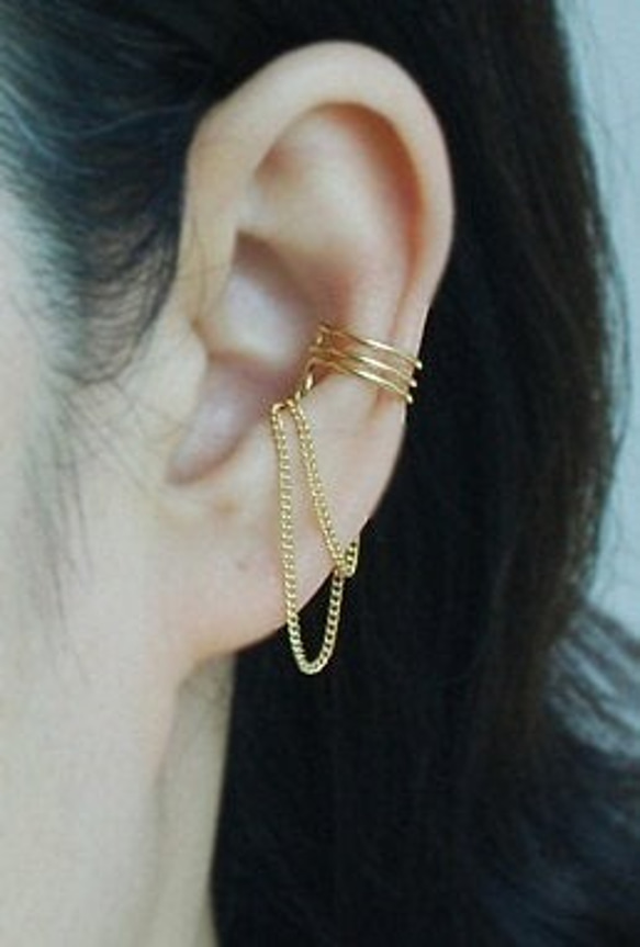 Gold Color 3 band with Chain Ear cuff, イヤーカフ 2枚目の画像