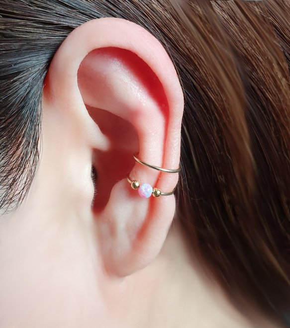 Double Band Ear Cuff with Opal Bead, イヤーカフ 6枚目の画像