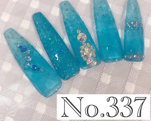 337】 ネイルチップ ロング ギャル クリアブルーネイル ネイルチップ